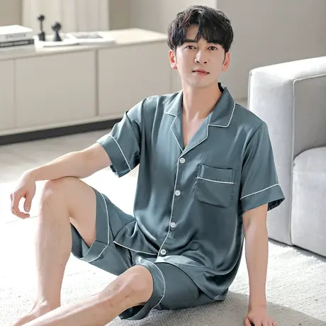 润微男士睡衣夏季冰丝短袖短裤大码薄款可外穿休闲舒适家居服套装图片