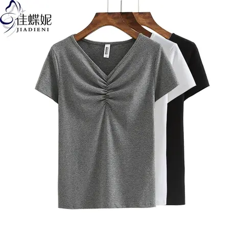 夏季新款韩版V领修身纯色褶皱小心机显瘦纯棉短袖体恤上衣女装T恤商品大图