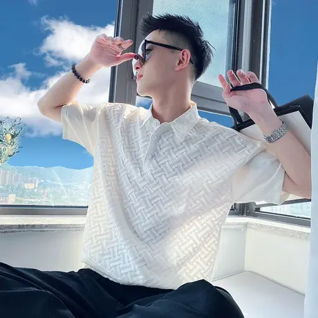 夏季薄款POLO衫男短袖痞帅衣服修身韩版潮牌网红拼接中袖翻领体恤商品大图