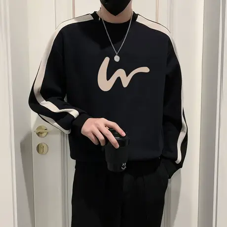 春秋季卫衣男潮牌长袖t恤2023新款男装圆领上衣痞帅日系条纹外套商品大图