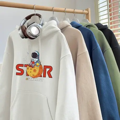 高街连帽卫衣男春秋季潮牌加绒保暖外套美式港风套头宇航员上衣服商品大图