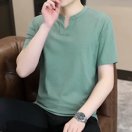 夏季男士V领短袖t恤修身潮流纯色打底衫青年冰丝半袖体恤百搭上衣商品大图