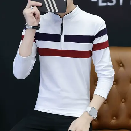 秋季拉链立领POLO衫男韩版潮流拼接撞色长袖男士T恤纯棉休闲男装商品大图