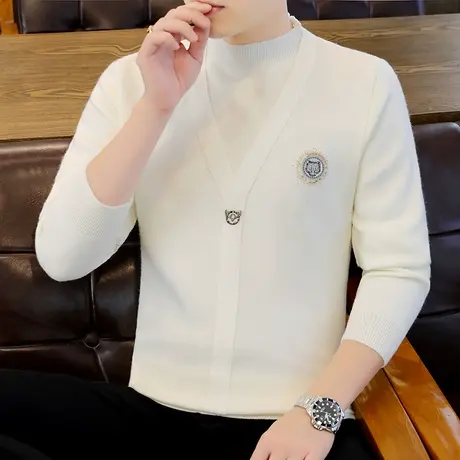 秋冬季半高领毛衣男士潮流休闲假两件针织t恤高级感简约2023新款图片