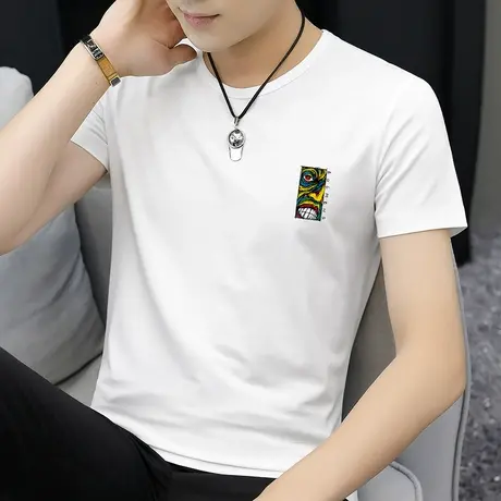 莫代尔短袖t恤男潮牌夏季冰丝速干凉感白色上衣服半袖圆领体恤衫商品大图