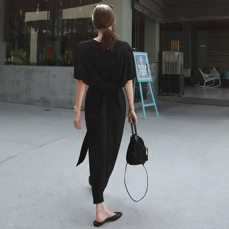 夏装收腰拧折T恤连衣裙女修身显瘦莫代尔棉短袖过膝长款学生裙子图片