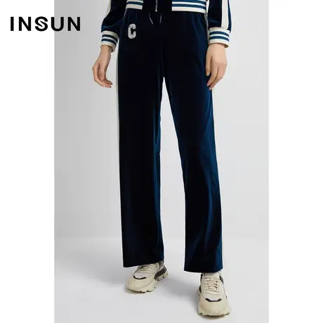 INSUN恩裳奥莱2023春季侧织带撞色丝绒阔腿休闲裤图片