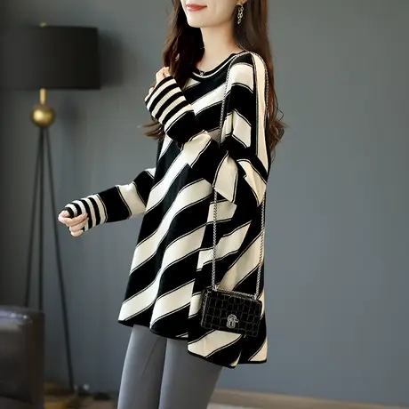 宝诗黎中长款春装羊毛针织衫女条纹撞色新款上衣2024宽松长袖毛衣商品大图