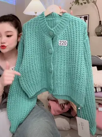 短款毛衣开衫女秋冬新款2023韩版宽松慵懒风粗毛线纯色针织衫外套图片