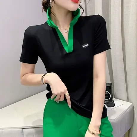 拼色polo领t恤女短袖2024夏季新款个性上衣洋气时尚修身半袖体恤商品大图