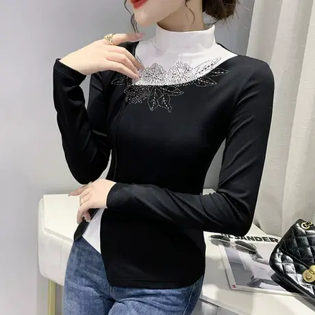 拼色假两件上衣女设计感小众烫钻不规则长袖T恤修身半高领打底衫商品大图