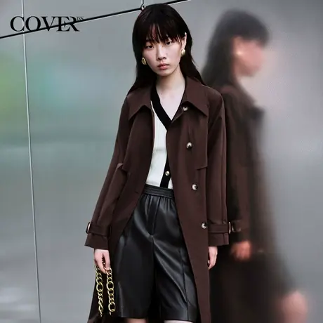 COVER秋季双排扣插肩袖美拉德风衣外套图片