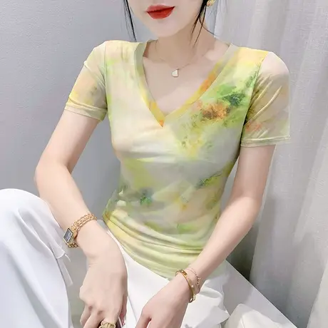 气质网纱T恤女短袖夏装2024新款复古印花上衣修身性感V领百搭小衫商品大图