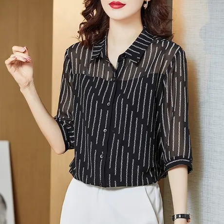 夏季中袖上衣雪纺衬衫女2025新款别致薄款妈妈短袖设计感小众法式商品大图