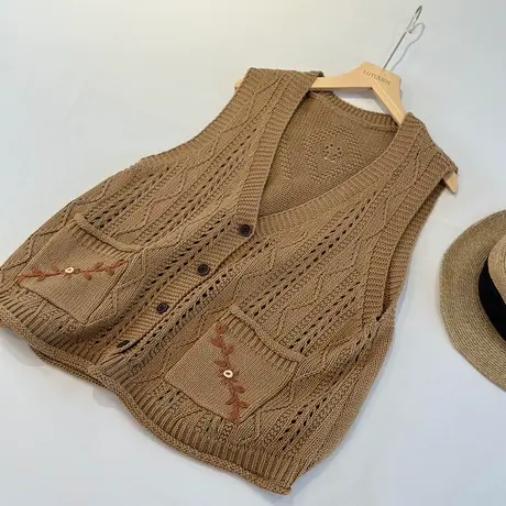 V领针织马甲背心女外穿秋季2023新款复古宽松无袖坎肩马夹叠穿商品大图