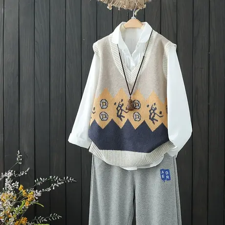 复古提花无袖毛衣背心女士2021年秋季新款V领套头针织衫外穿马甲商品大图