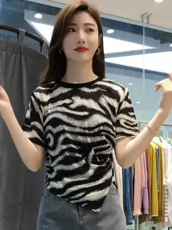 辣妹斑马纹开叉褶皱设计感夏季新款T恤个性短袖百搭显瘦遮肉高级商品大图
