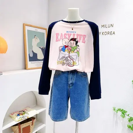 韩国东大门拼色薄款长袖T恤2023夏款ins两只小猪防晒衫上衣宽松潮图片