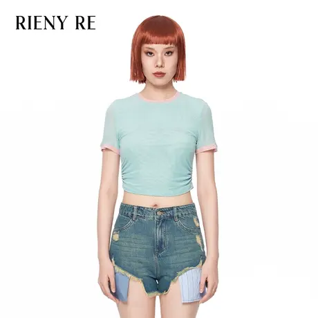 RIENYRE短袖T恤女2023新款夏日多巴胺甜辣小上衣设计感小众女减龄图片
