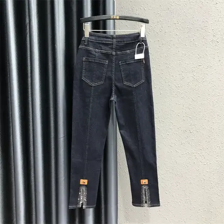 深蓝色烫钻设计感牛仔九分裤女2023秋季新款裤脚开叉高腰直筒裤潮图片