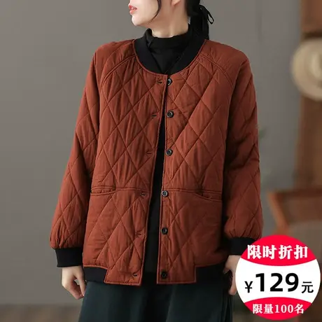 dza 复古短款棒球服女冬季加厚菱格棉衣棉袄休闲百搭宽松棉服上衣图片