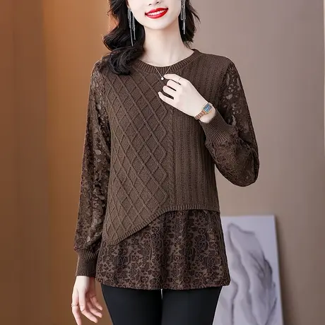 针织打底衫女春秋新款大码女装宽松中老年妈妈假两件蕾丝拼接上衣商品大图