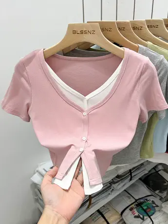 v领t恤女短袖夏季纯欲甜辣妹独特别致设计感小众假两件短款上衣女商品大图