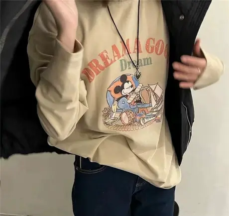 奶白色长袖T恤！悠闲米奇卡通印花 秋冬季加厚磨毛料打底衫女上衣商品大图