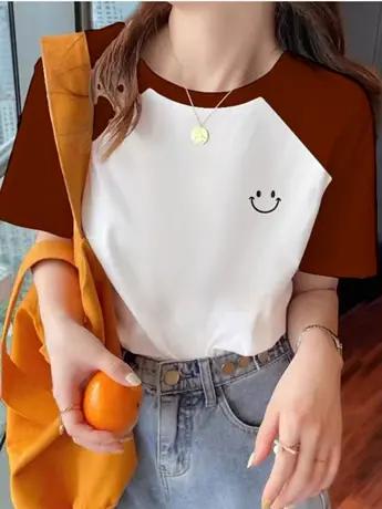 2023新款潮牌卡通印花撞色短袖t恤女拼色显瘦设计感小众正肩上衣商品大图