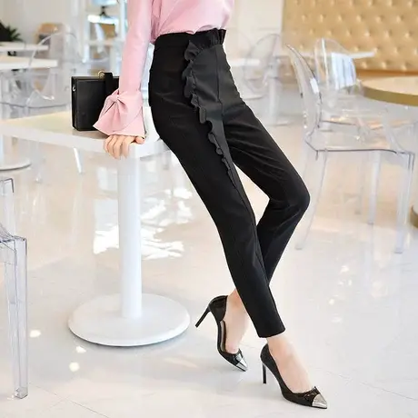 粉红大布娃娃春季高腰小脚裤铅笔裤显瘦荷叶边西装女设计感小众春图片