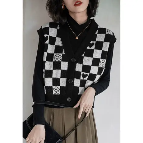 弥古复古棋盘格针织马甲开衫女春秋外穿v领格子背心短款叠穿上衣图片