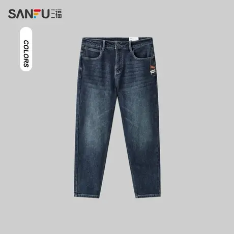三福2023冬季男士磨毛侧边小标锥形牛仔裤 合身长裤男479580商品大图