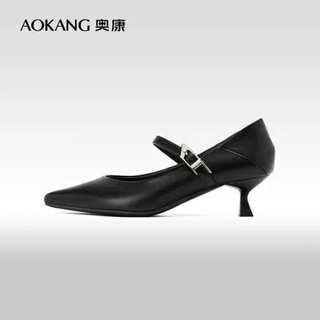 奥康女鞋 新款尖头纯色一字扣带单鞋气质小猫跟高跟鞋潮图片