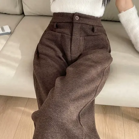 休闲直筒裤子女2023冬季新款高腰显瘦宽松醋酸羊毛保暖裤加绒窄版图片