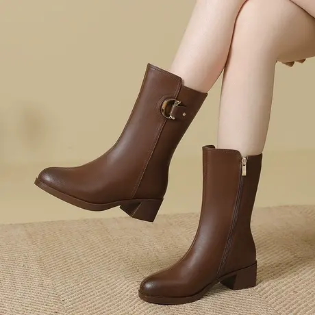女靴2023新款秋冬款大码真皮中筒靴女 韩式风中跟瘦瘦靴5厘米冬季商品大图
