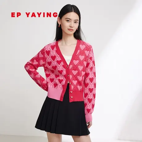 EP YAYING雅莹女装 爱心拼色肌理V领针织开衫 2024春装新品9105A图片