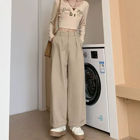 卡其色西装裤女秋冬新款高腰卷边直筒小个子九分休闲垂感阔腿裤子商品大图