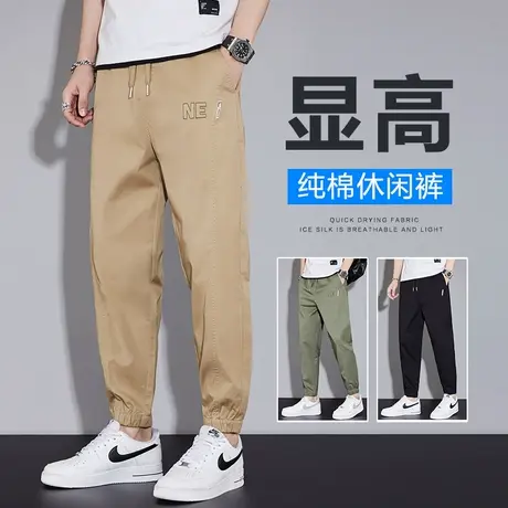 卡其色男士纯棉九分休闲裤子工装夏季薄款男生宽松束脚加肥加大码商品大图