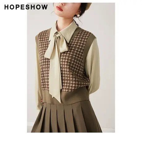 红袖日系千鸟格V领针织马甲hopeshow2023秋新款慵懒风宽松背心女图片