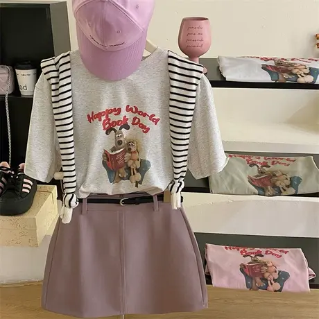 韩系卡通狗狗图案印花圆领短袖T恤女早春季宽松休闲减龄小众体恤商品大图