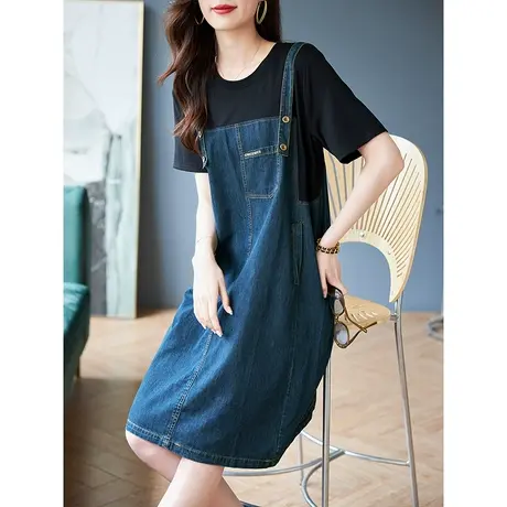 宝诗黎圆领假两件拼接牛仔连衣裙2024夏季短袖女装时尚中长直筒裙图片