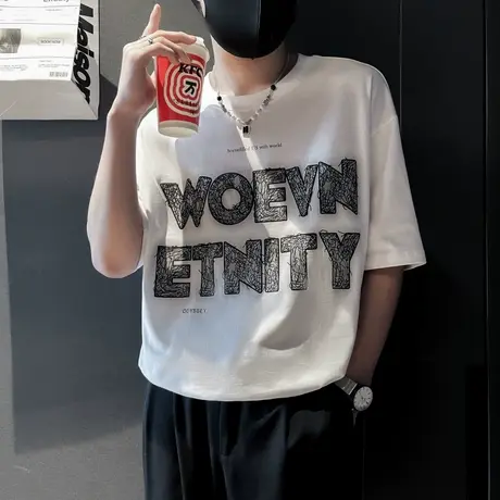 潮牌印花字母短袖T恤男夏季爆款个性设计感宽松痞帅半袖圆领上衣商品大图