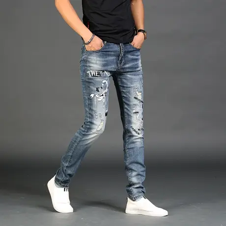 男士高端刺绣牛仔裤男款秋款2023潮牌破洞休闲男裤子修身小脚弹力图片