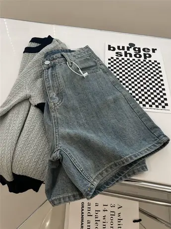 百搭复古水洗做旧高腰牛仔短裤女宽松阔腿显瘦BF中性风2024夏季潮图片