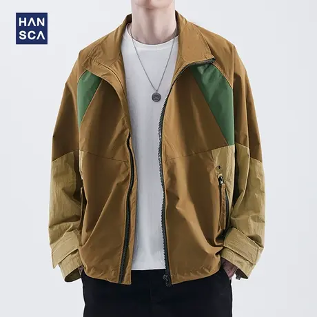 hansca秋冬季拼色翻领夹克男士宽松复古上衣拼接工装美式休闲外套图片