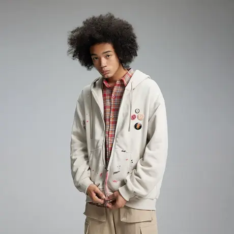 街头潮牌涂鸦风连帽夹克男春秋新款复古情侣宽松短款开衫运动外套商品大图