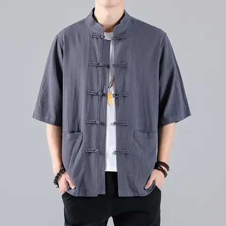 夏季中式短袖衬衫男宽松盘扣复古中国风民族服装休闲大码棉麻衣服商品大图