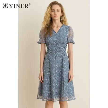 YINER音儿女装夏季中长款蕾丝绣花连衣裙商品大图