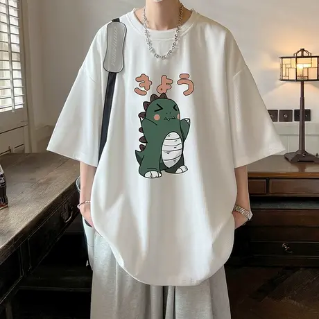 夏季七分袖t恤男宽松港风潮流短袖加肥加大小恐龙五分中袖上衣服商品大图