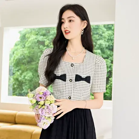 时尚气质短袖外套2023年夏季新款淑女温柔方领显瘦通勤短款上衣商品大图